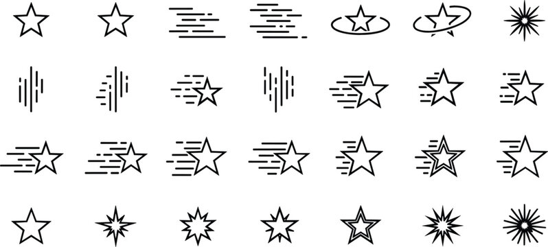 Star Icon Set with Motion Lines and Sparkle Effects for Rating Systems Success Rewards Gamification Interface Design and Speed Performance Visuals Vector Illustrations