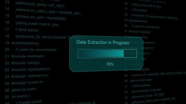 Glowing progress bar shows 100% percent of data extraction in progress on a background of computer code programming. Motion graphics of document transfer concept