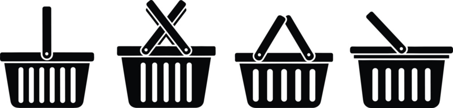 Shopping Basket Icon Set in Black Silhouette Style with Various Handle Positions for E-commerce Apps Online Retail Stores Grocery Marketing and Commercial UI Web Design