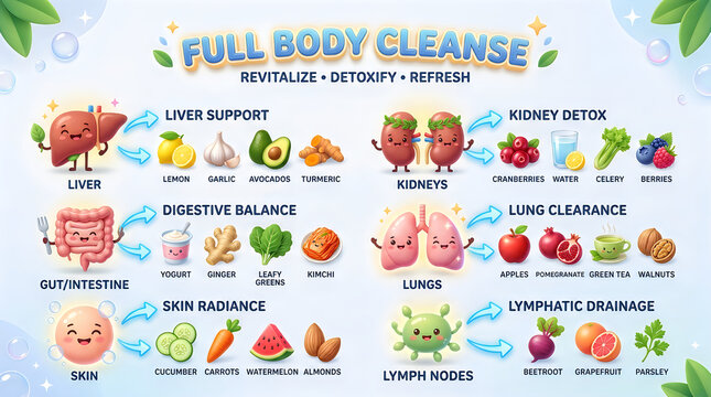 Full body cleanse infographic with organs and healthy foods vector illustration