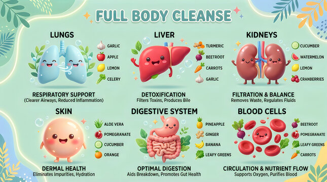 Full body cleanse foods for liver lungs kidneys skin digestive blood health colorful infographic vector