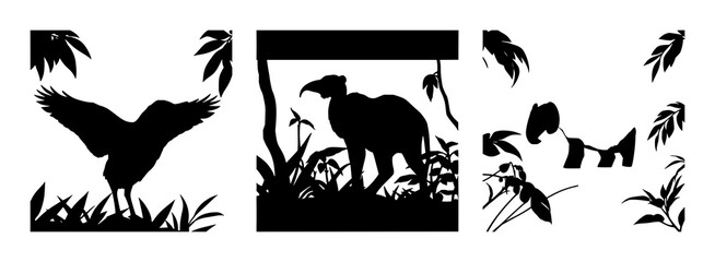 Naklejka premium Jungle landscape set with detailed black silhouettes featuring tropical foliage, exotic plants, lush greenery with trees and leaves