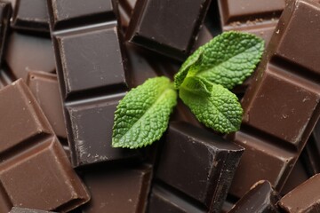Pieces of yummy chocolate and mint leaves as background, closeup © New Africa