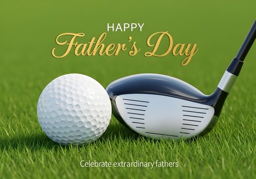 Happy fathers day golf ball and club on green grass celebration