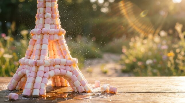 Eiffel Tower replica made of pink and white marshmallows on a wooden table in a sunlit garden during golden hour
