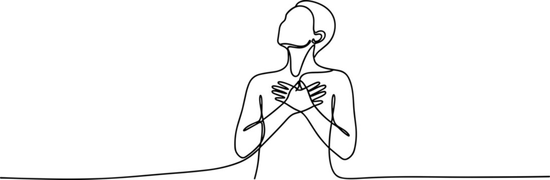 Minimalist line art of a person with hands on chest, looking up in gratitude or relief