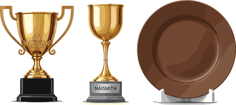 Gold Trophies and Award Plate with Naismith Inscription, Sports Championship and Achievement Recognition, Vector Design