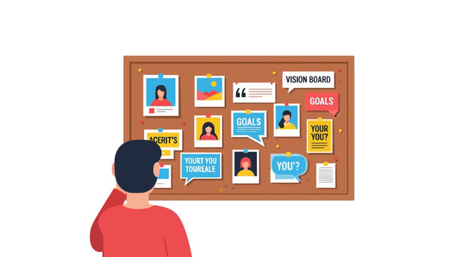 Vision board concept for personal growth, goal setting, and life planning with photos and notes on a corkboard