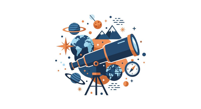 Astronomy and Space Exploration Vector Illustration with Telescope, Planets, and Stars in Modern Flat Design Style