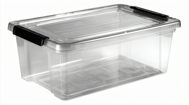 Clear plastic storage bin with black latches and lid