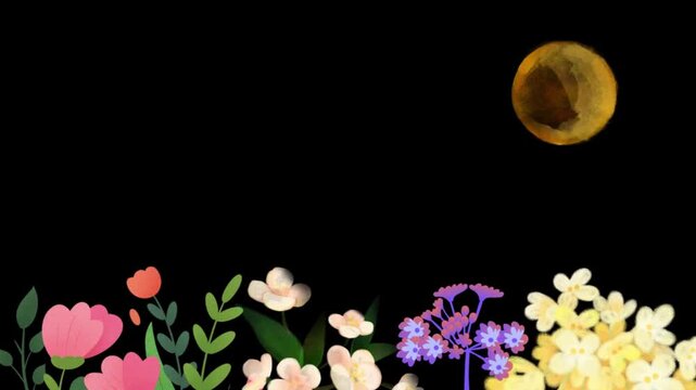 Whimsical night garden bathed in the glow of a celestial orb, a dreamlike evening scene with vibrant blossoms beneath a mystical full moon