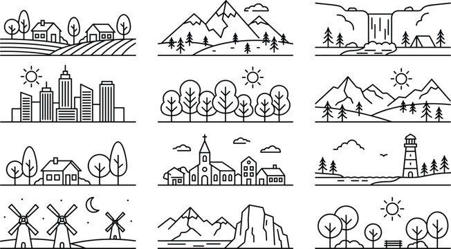 Minimal landscape line icons set with mountains waterfall village city skyline forest windmills and scenic nature views vector illustration