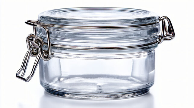 Empty glass jar with metal clasp and lid, isolated on white