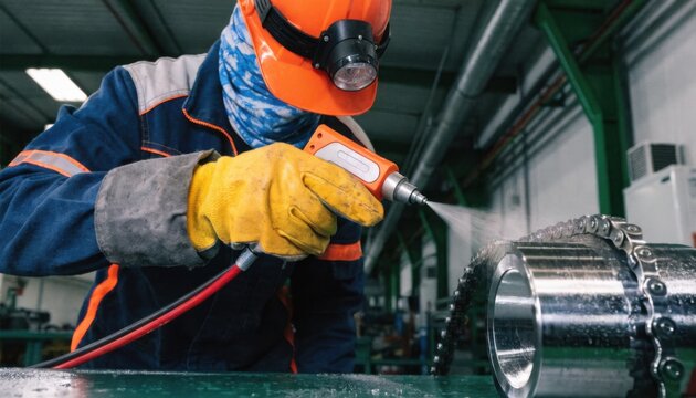 Medium shot of a worker applying diamondlike carbon DLC coating to machine chains emphasizing the sleek lowfriction finish that improves performance and extends lifespan.