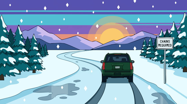 SUV on Snowy Mountain Road with Chains Required Sign and Winter Sunset