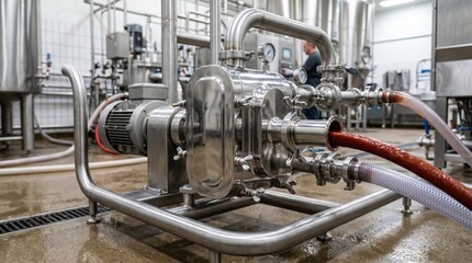 Obraz premium Medium angle of a sauce production sanitary pump emphasizing its robust polished design engineered for easy cleaning and contamination prevention in foodgrade environments.