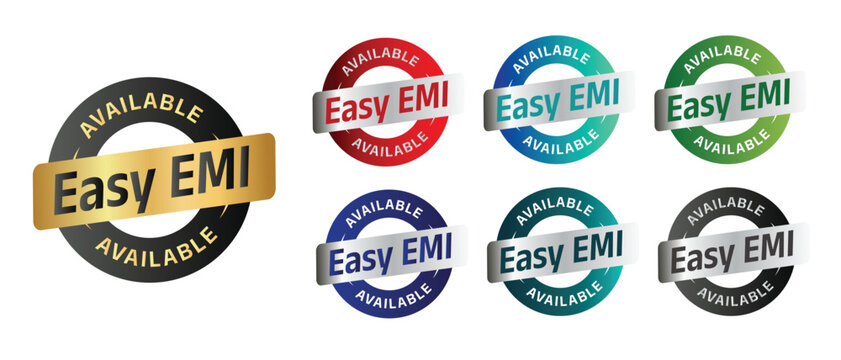 A stylish collection of &ldquo;Easy EMI Available&rdquo; badges. This set features multiple vibrant color variations including red, blue, green, teal, black, and gold. vector illustration