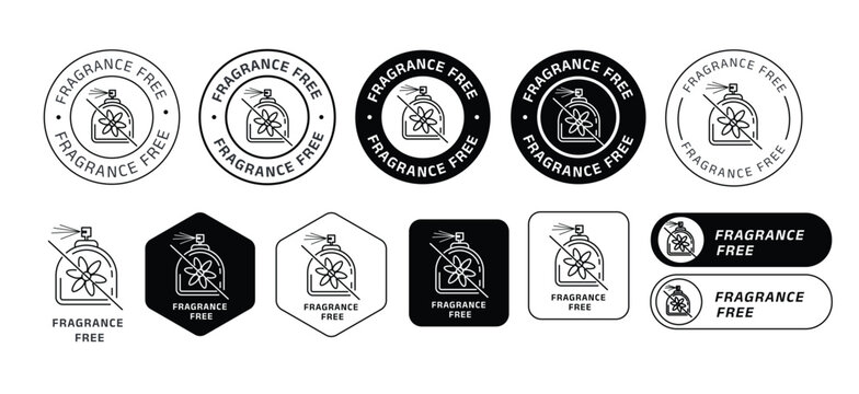 fragrance free icon set featuring minimal line art designs for cosmetic, personal care, and hygiene product packaging. This collection includes a variety of badge styles such as circular seals, hexago