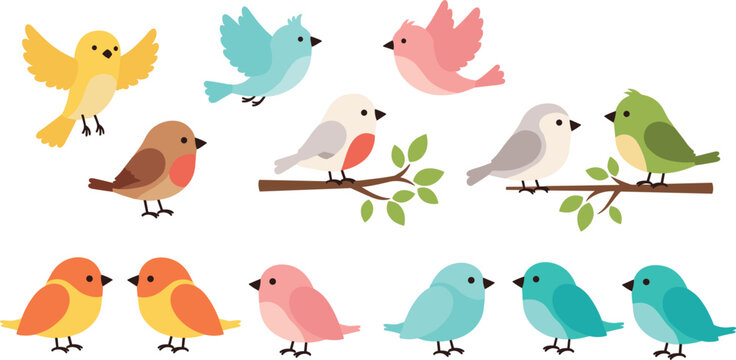 Colorful Birds in Various Poses and Branches for Nature, Wildlife, and Animal Designs