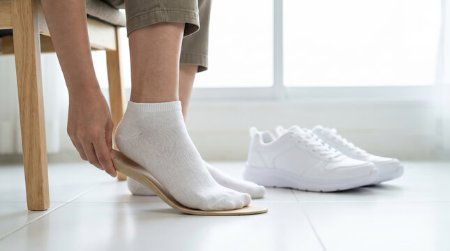A person sits on a chair in a well-lit room and prepares to place a shoe insole into their shoe. The floor is light and the atmosphere is casual