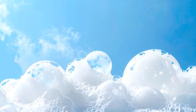 Bubbles Floating in a Bright Blue Sky with Wispy Clouds.