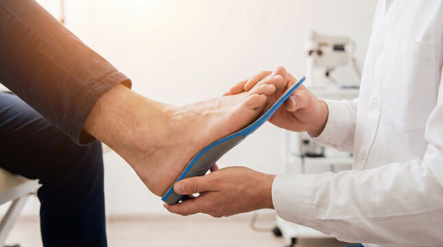 A healthcare professional checks the foot of a patient to fit custom insoles. The setting is a medical clinic with tools and equipment nearby, and the time is morning