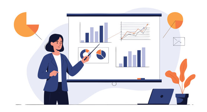 Knowledgeable professional woman uses a pointer to explain complex financial data and growth trends on a whiteboard.