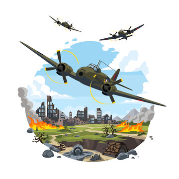 Military bombers flying over destroyed burning city ruins vector