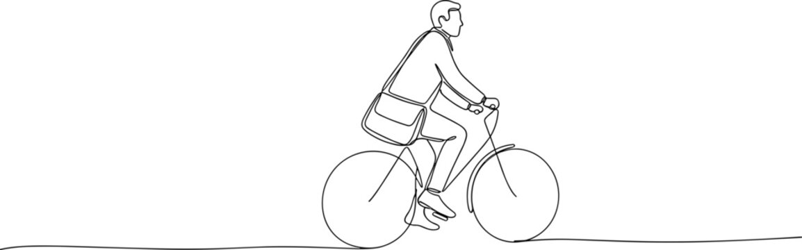 Minimalist line art drawing of a person riding a bicycle with a shoulder bag.