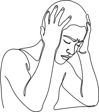 Frustrated Person Holding Head in Hands, Line Art Illustration of Stress and Anxiety