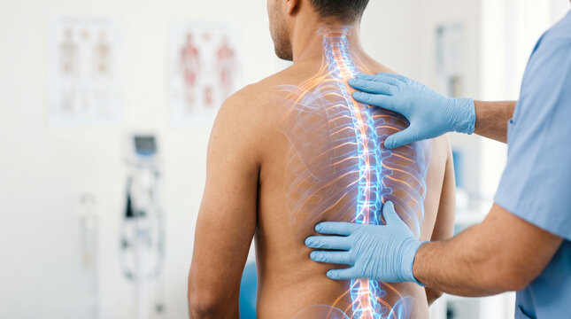 A medical professional uses hands-on techniques to evaluate a patient&rsquo;s spine. The setting is a clinic with medical equipment in the background. The focus is on patient care and assessment
