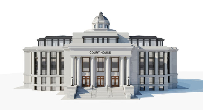 A large white courthouse building with columns and a dome on top stands in a city.