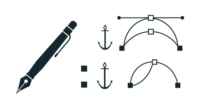 Graphic design tools and symbols for editing and drawing including a pen and anchor icons on a white background