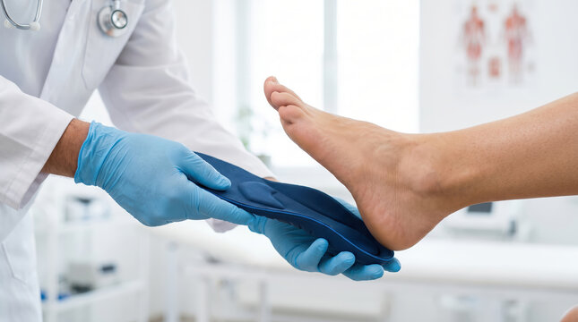 A doctor is fitting a custom foot insole on a patient's foot. The setting is a clinic where medical evaluations take place. The doctor wears gloves and focuses on the patient's foot