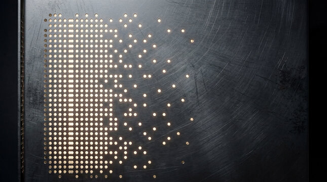 Ephemeral glow of stenciled perforations illuminates a dark scratched metallic panel creating a vanishing digital dance