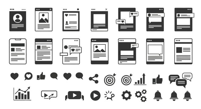 Collection of social media icons and mobile app screenshots with engagement symbols on white background