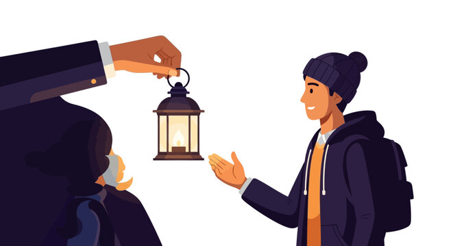 Business Mentorship and Guidance Concept Illustration Showing a Professional Handing a Lantern to a Young Student