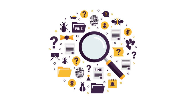 Data Analysis and Investigation Concept Illustration featuring Magnifying Glass, Cybersecurity Icons, Bugs, and Document Files for Research and Software Debugging