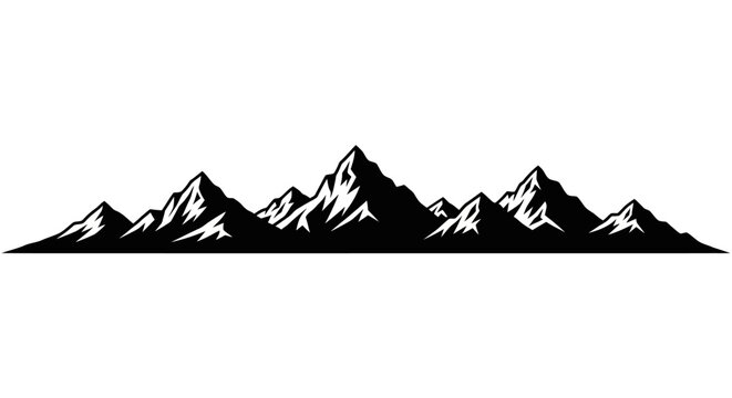 Mountain range silhouette graphic with snowy peaks and white background for design use