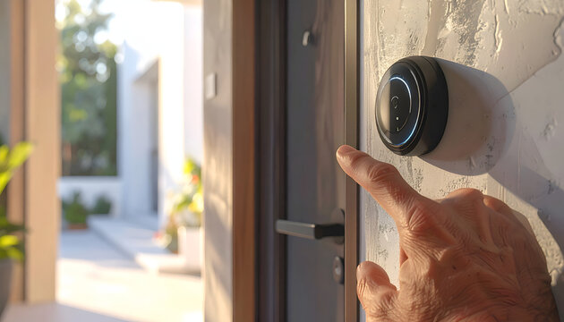 Close up of a finger pressing a smart doorbell button on a modern front door.
