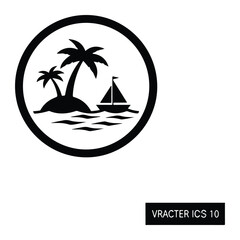 Obraz premium Black and white tropical island with sailboat and palm trees
