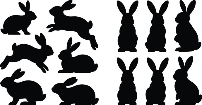 Rabbit silhouette collection with jumping and sitting bunny poses isolated black animal icons set
