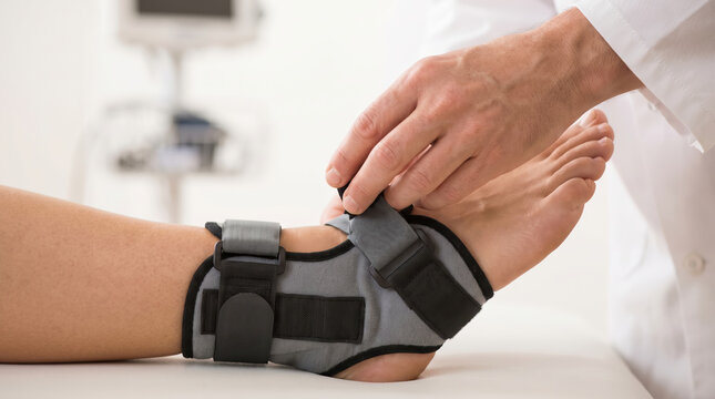 A doctor is applying an ankle brace to a patient&rsquo;s foot in a medical office. The setting focuses on foot care and injury treatment. The patient appears to be receiving help