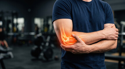 A man stands inside a gym with his arms crossed. His elbow joint is highlighted with a glowing effect. The gym has exercise equipment visible in the background