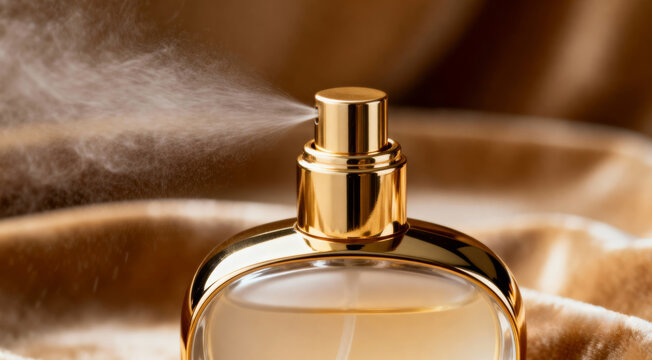 Elegant gold perfume bottle spraying fragrance mist against a luxurious golden silk fabric background.