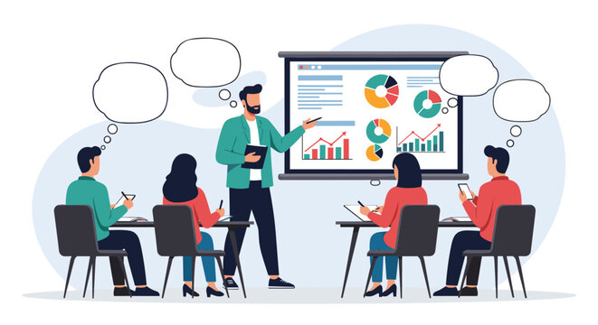 Business professional presenting data charts on a screen to a group of attentive colleagues in a modern office meeting room setting.