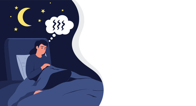 Young woman sitting in bed at night suffering from insomnia or stress while looking worried under a crescent moon and starry sky.