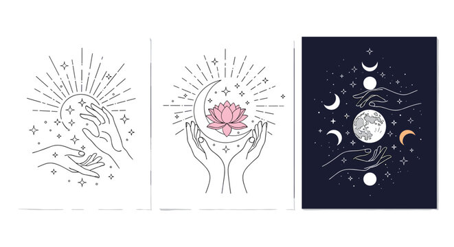 Set of three mystical posters featuring hands reaching for the sun, a moon with a lotus flower, and various lunar phases at night.