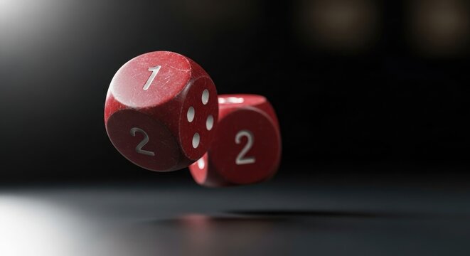 Three red dice with numbers one and two on a dark background with dramatic lighting
