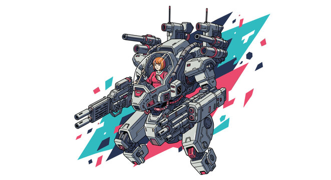 Anime girl piloting a heavily armed futuristic mechanical battle suit with multiple cannons and guns against a dynamic abstract background.
